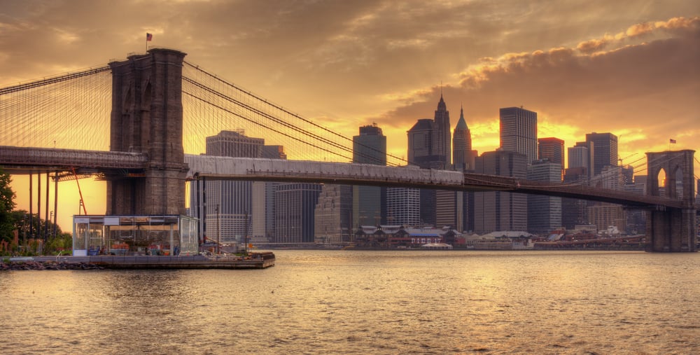 Brooklyn Bridge and Lower Manhattan skyline in New York City.-1