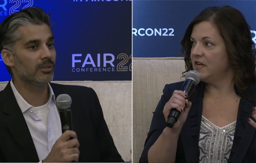 Omar Khawaja, CISO at Highmark Health, Mary Elizabeth Faulkner, CISO at Thrivent discuss cyber insurance pros and cons at 2022 FAIR Conference on cyber risk quantification. 